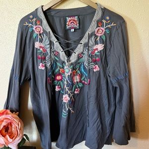 Johnny Was Embroidered Top with bell sleeves and pull strings.